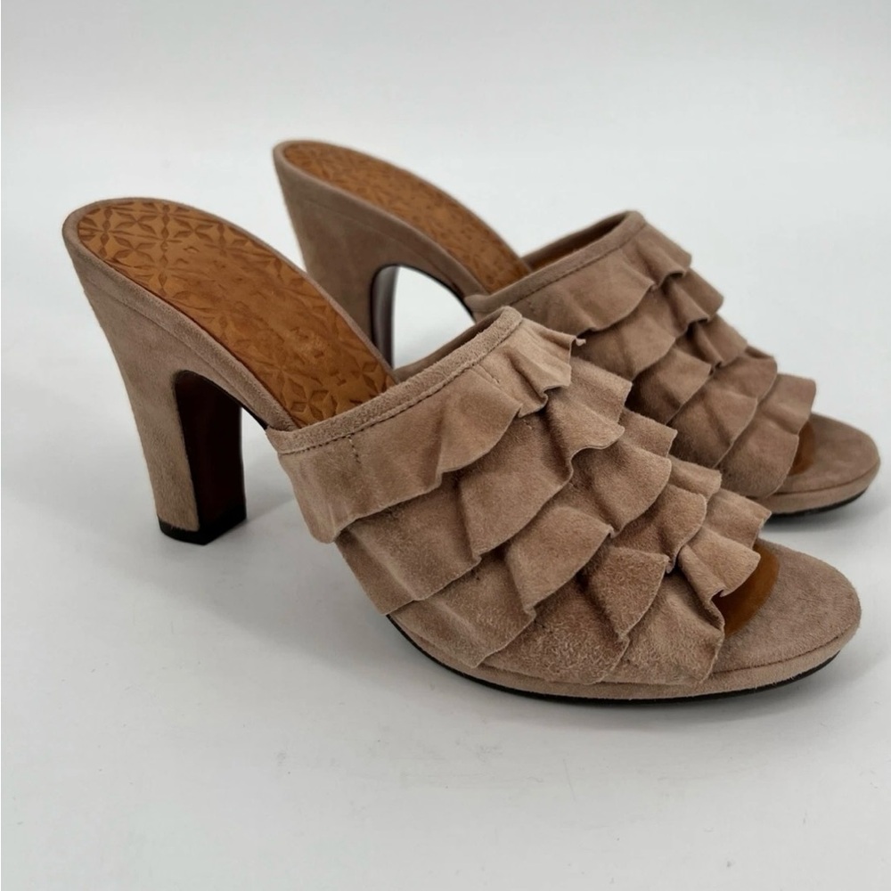 Chie Mihara Genuine Leather Tan Ruffle Heeled Mules